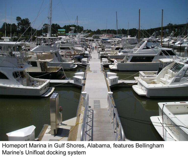 Aerial view of Homeport Marina Gulf Coast with boats docked along the piers and surrounding coastal landscape.