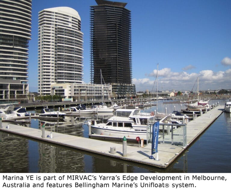 Aerial view of Marina YE luxury berths in Melbourne, showcasing numerous boats docked along modern piers on the waterfront.