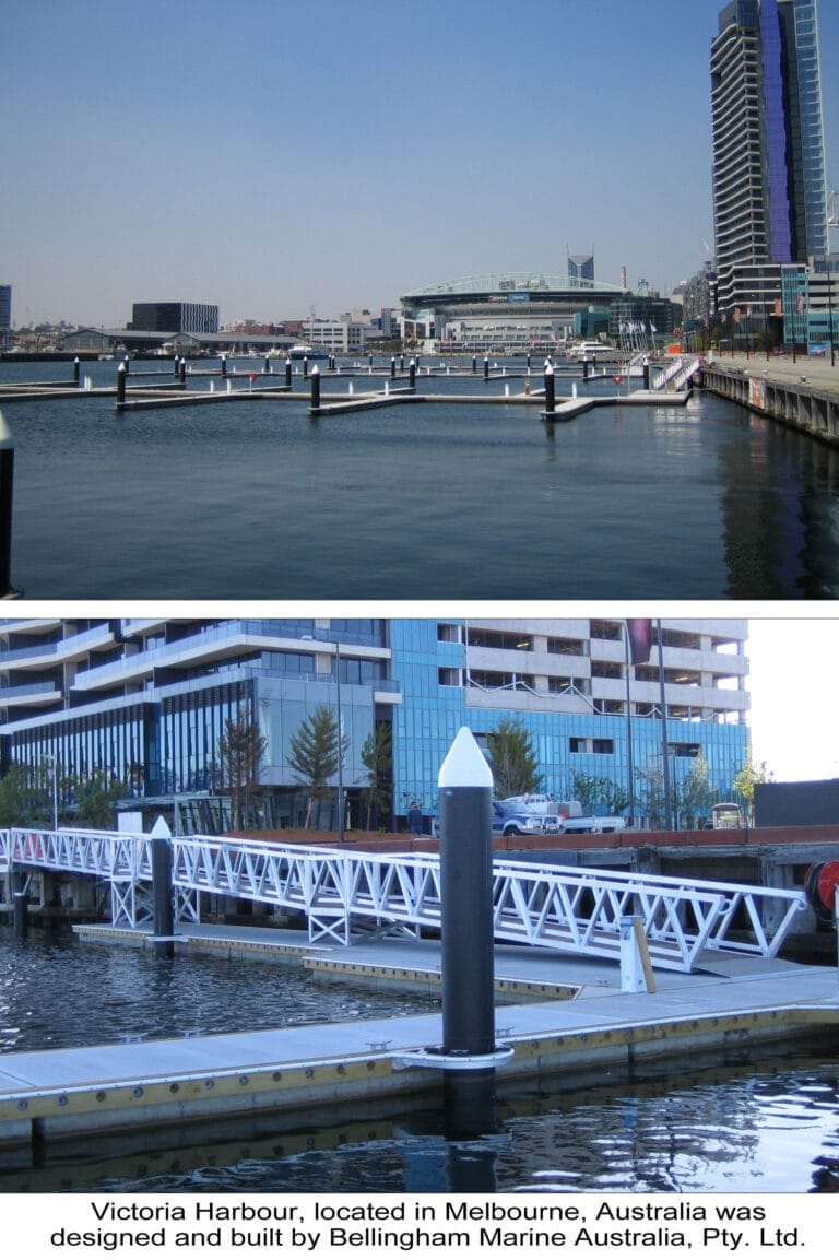 Aerial view of Victoria Harbour Marina expansion showing new berths added to Melbourne's Docklands area with boats docked.