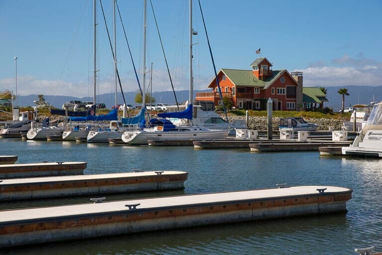 Aerial view of Westpoint Harbor Marina in Redwood City, showcasing rounded finger pier innovation by Bellingham Marine.
