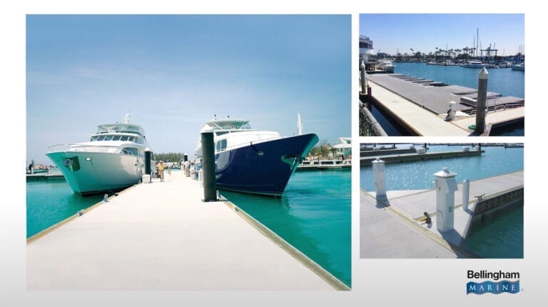 Professional team working on a dock with cranes and heavy machinery, showcasing marine construction services expertise.
