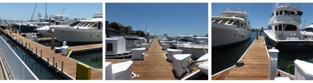 Bayshore Marina eco-friendly decking - Aerial view of Bayshore Marina showcasing eco-friendly decking along the waterfront wi