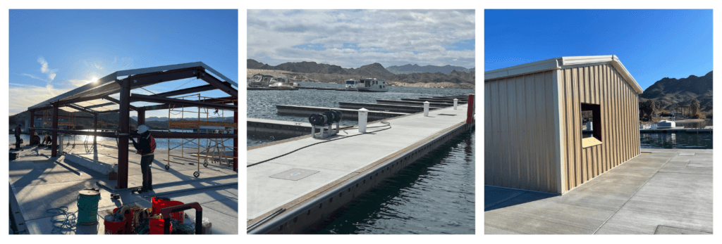 Three-frame image showing stages of the Katherine Landing Unifloat dock upgrade, with construction and completed dock views.