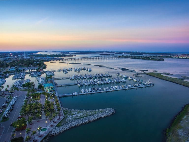 Sunset with purple skies over Fort Pierce City Marina, showcasing the fort pierce marina renovation in St Lucie County, Flori
