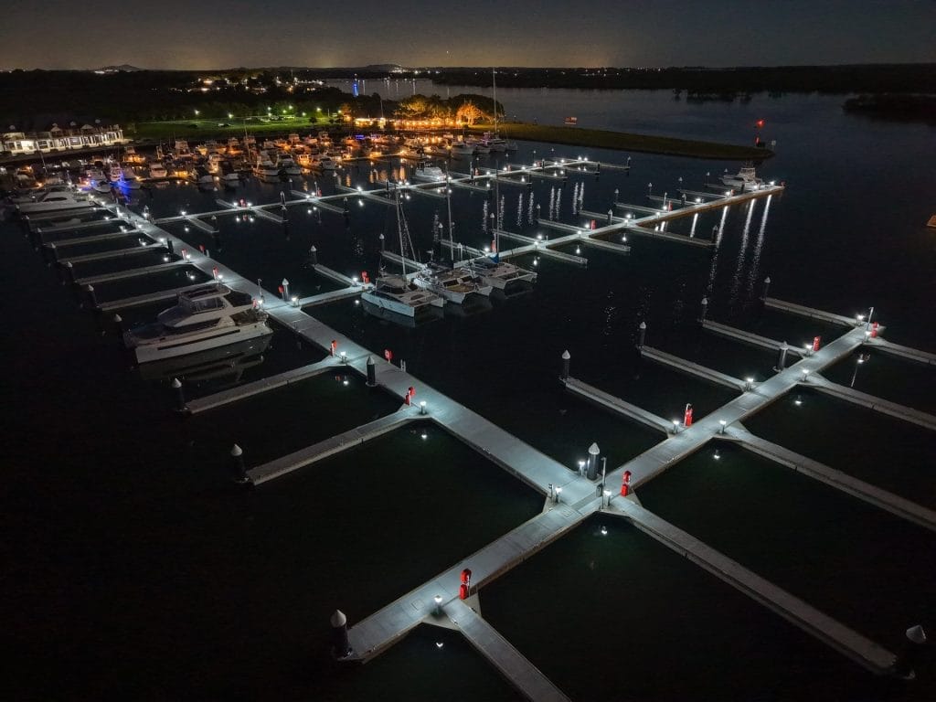 Calypso Bay Marina expansion - Illuminated M-Tech marine pedestals line the berths at Calypso Bay Marina, highlighting the ma